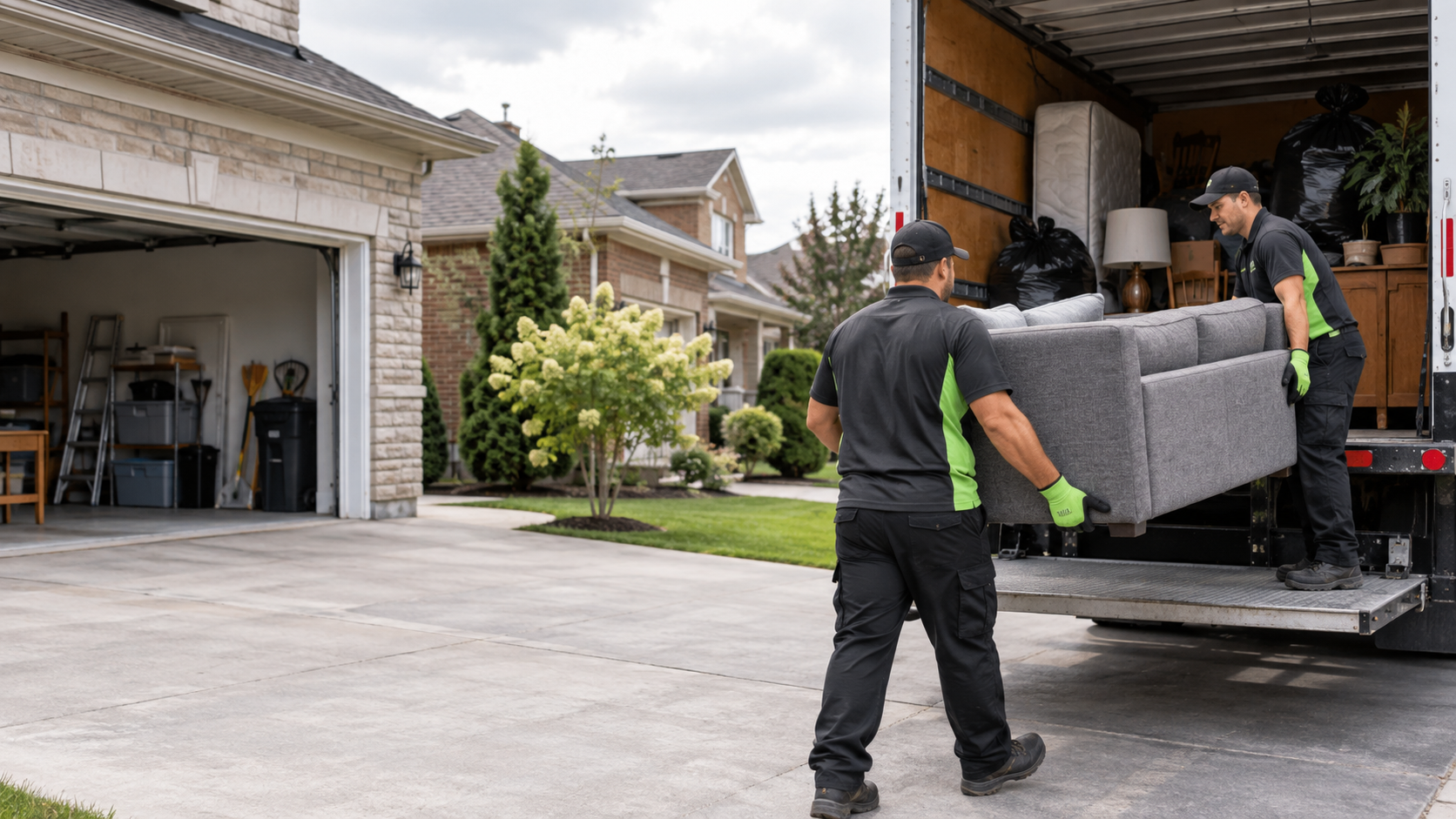 Junk removal crew loading furniture into a truck